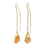 Unpolished Gemstone Long Box Chain Dangle Earrings - Gold Plated Over Brass