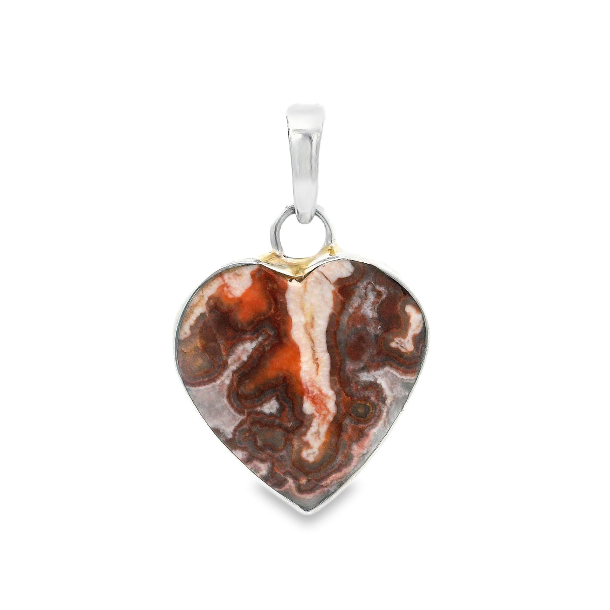 Crazy lace agate heart pendant, rust and orange banding with a white central vein in a silver bezel, front view