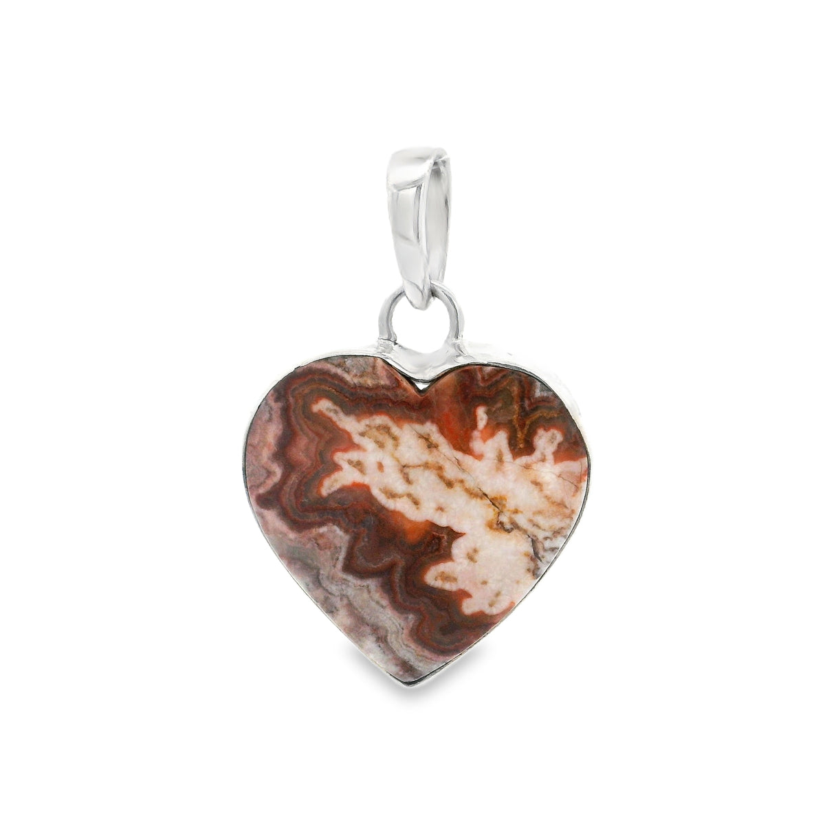 Crazy lace agate heart pendant, rust bands framing a creamy white druzy patch in a silver bezel