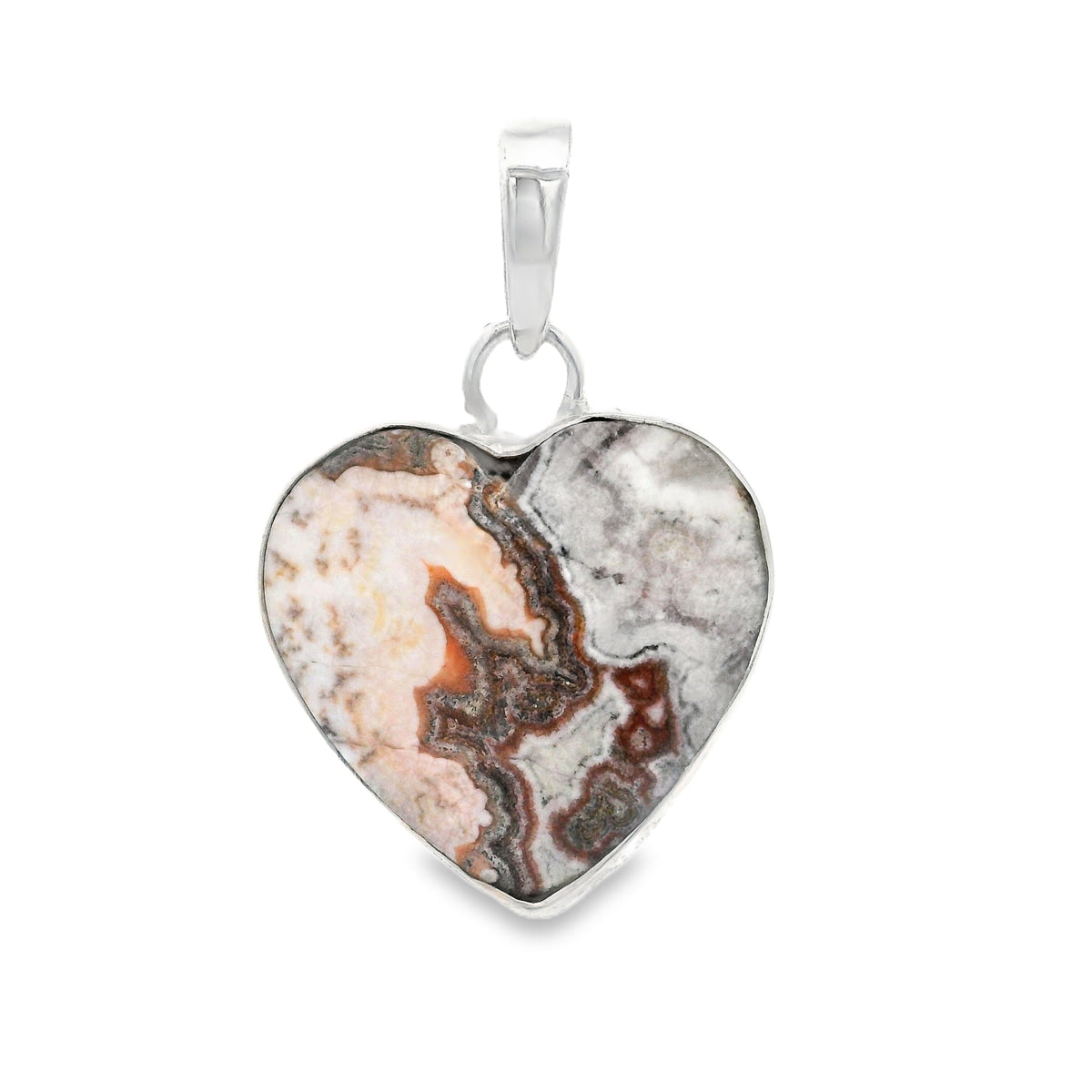Crazy lace agate heart pendant, soft gray and blush pastel banding in a silver bezel