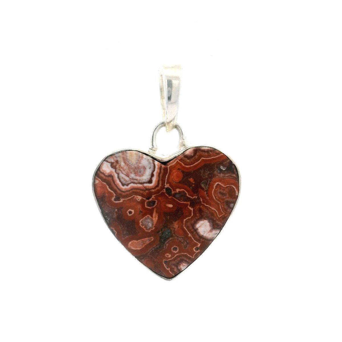 Crazy lace agate heart pendant, deep red stone with concentric eye patterns in a silver bezel