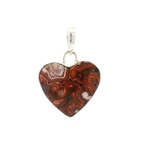 Crazy lace agate heart pendant, deep red stone with concentric eye patterns in a silver bezel