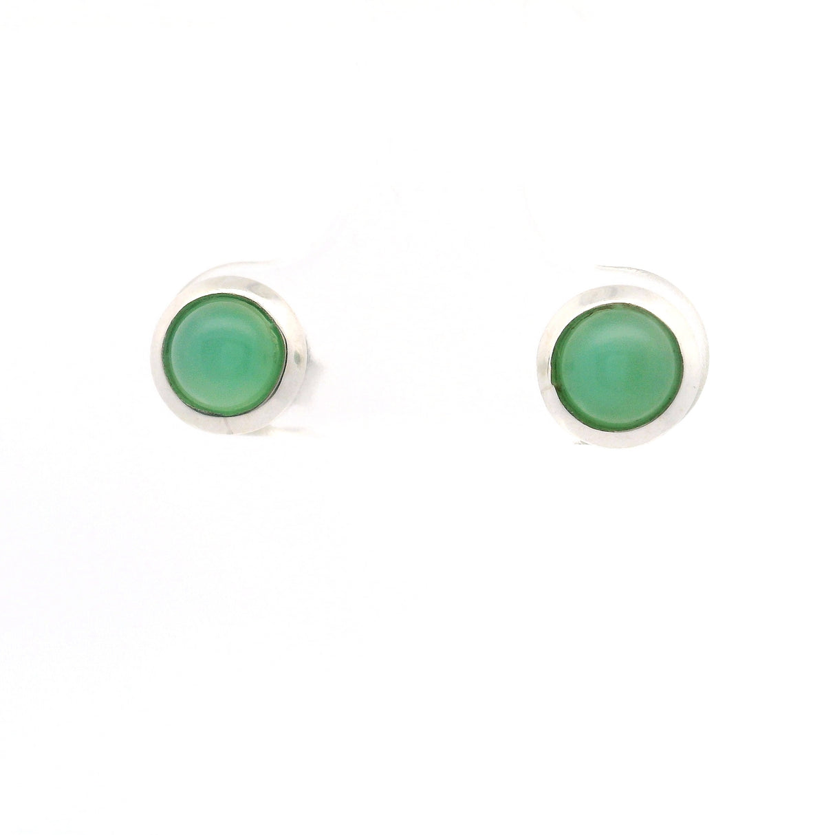 Chrysoprase Round Stud Earrings Bezel Set in 925 Sterling Silver