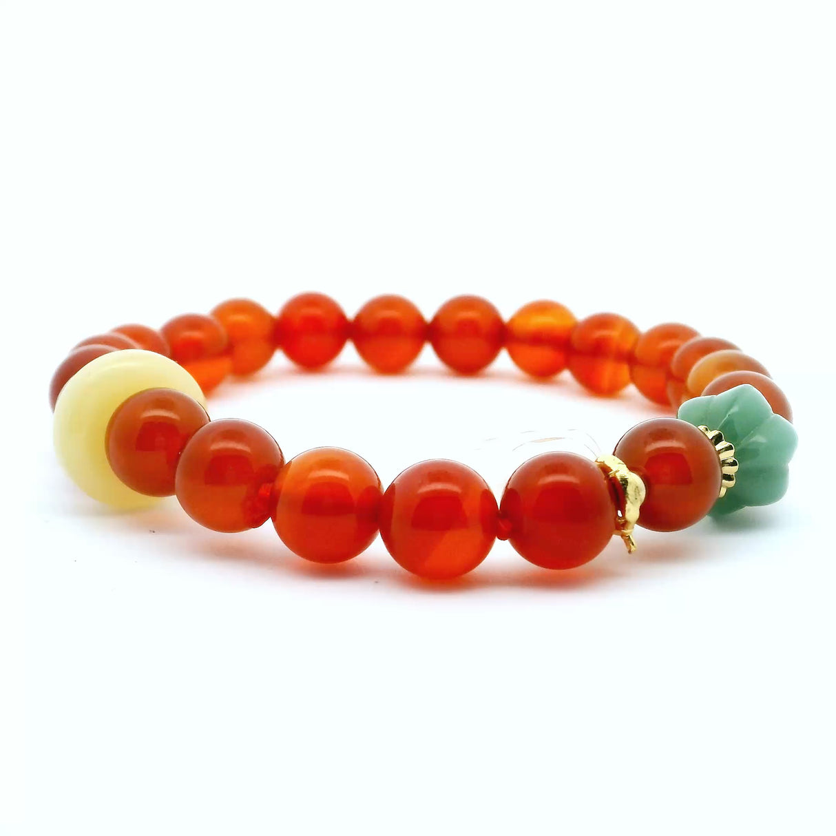 Carnelian with Aventurine & Butter Jade Beaded Bracelet with Quartz Paw Charm - 8mm Rounds