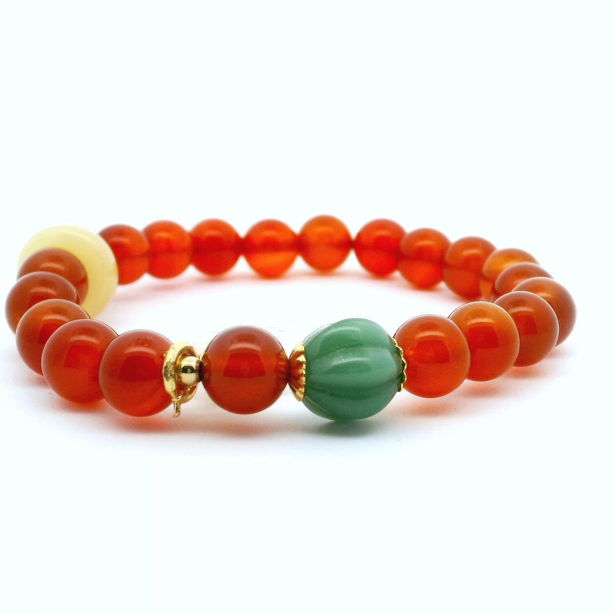 Carnelian with Aventurine & Butter Jade Beaded Bracelet with Quartz Paw Charm - 8mm Rounds