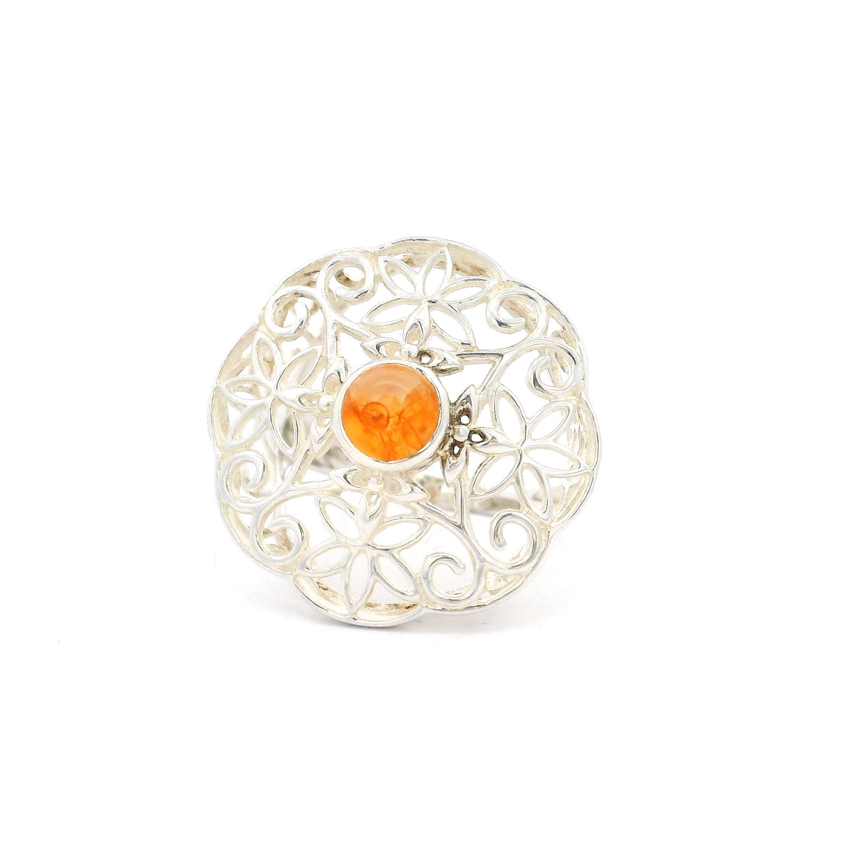 Carnelian Ring Round In Floral Filligree Setting Sz9