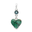 Green chrysocolla heart cabochon pendant topped by a faceted blue topaz round in sterling silver bezel