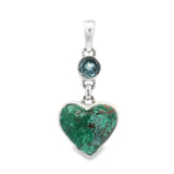 Green chrysocolla heart cabochon pendant topped by a faceted blue topaz round in sterling silver bezel