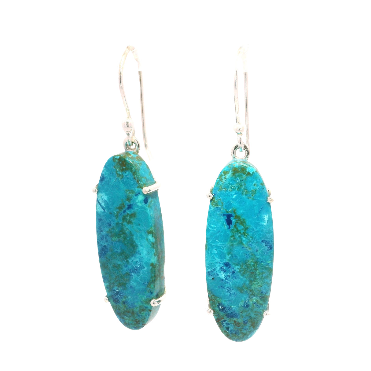 Chrysocolla Malachite Prong Set Flat Cabochon Dangle Earrings