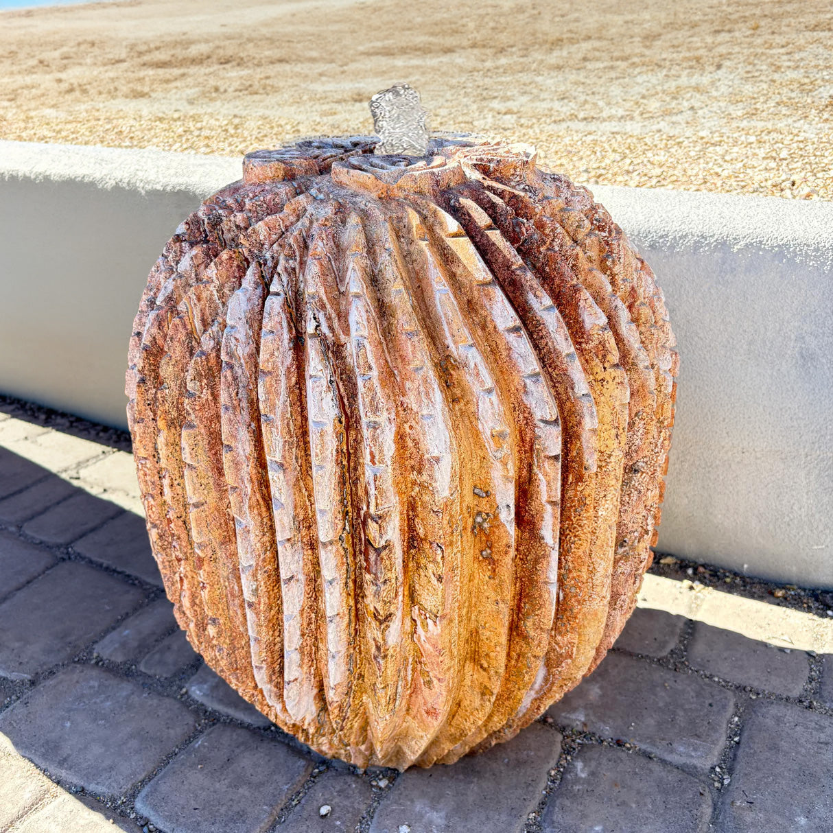 Red Carmel Travertine Barrel Cactus Carving Fountain - Large Sculpture of Trio