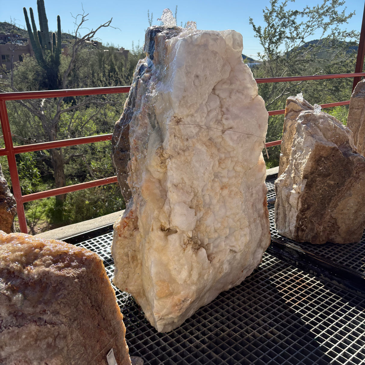 Ice Onyx & Gray Layer Boulder Fountain - 1 Cut With 2 Holes & Druze Exterior