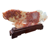 Exquisite Red Skin Mutton Fat Nephrite Jade Fish Carving on Carved Wooden Base with Accompanying Custom Box