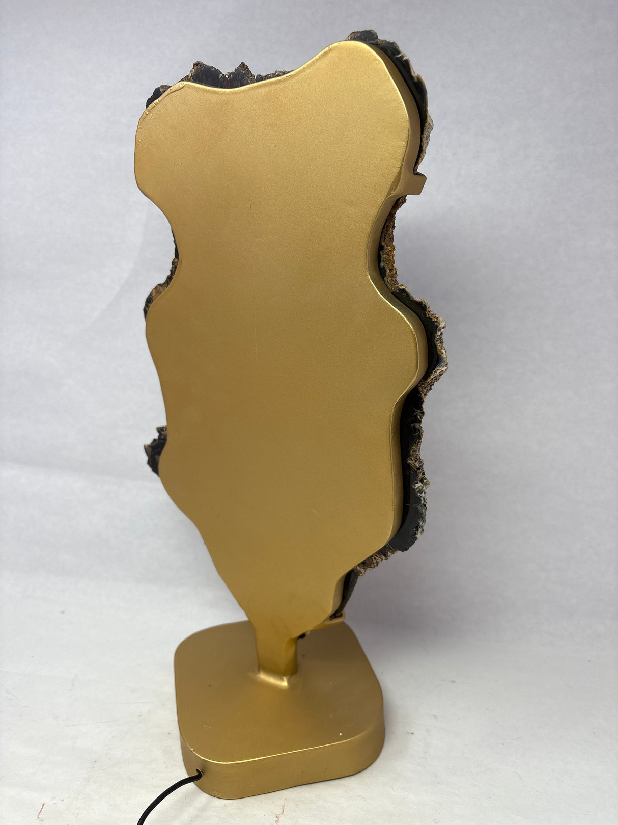 Dark Blue Agate Druze Slice with Abstract Shape On Illuminated Table Stand - Gold