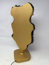 Dark Blue Agate Druze Slice with Abstract Shape On Illuminated Table Stand - Gold
