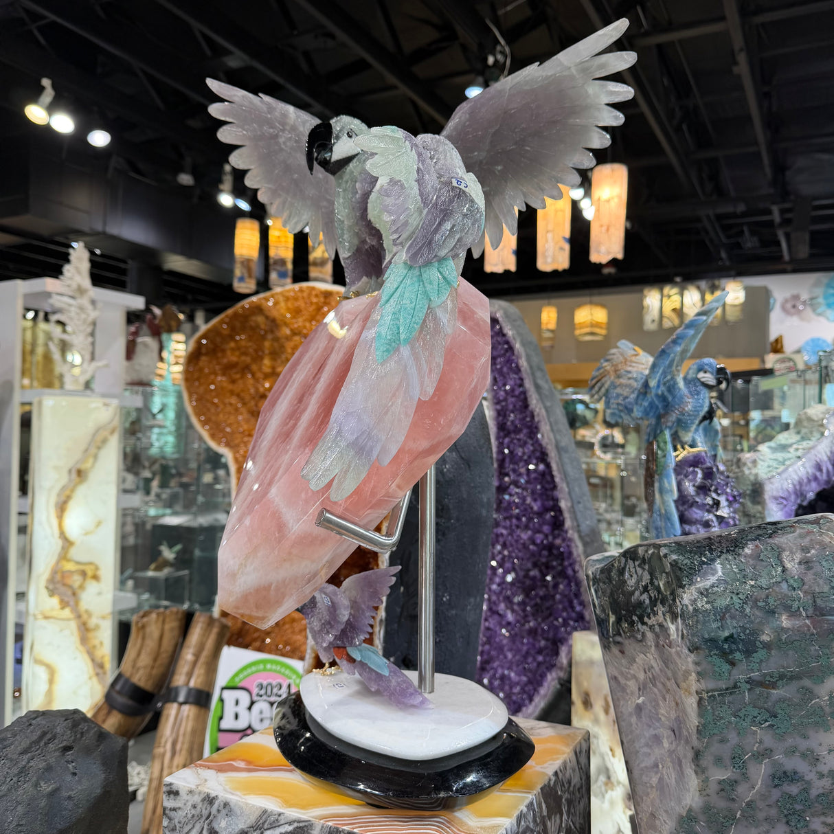 Exquisite Rainbow Fluorite Macaw Trio Perched on Faceted Rose Quartz Heart on Dolomite & Obsidain Base - Tail Feathers of Amazoite & Red Jasper