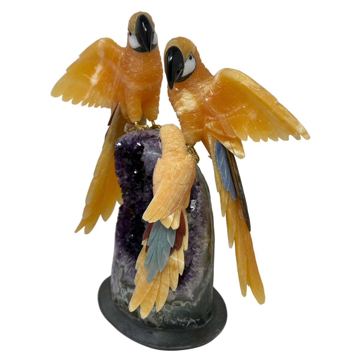 Three Calcite Macaws Perched on Amethyst Geode Base on Black Marble -Tail Feathers of Red Jasper Tigers Eye & Aventurine