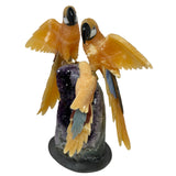 Three Calcite Macaws Perched on Amethyst Geode Base on Black Marble -Tail Feathers of Red Jasper Tigers Eye & Aventurine