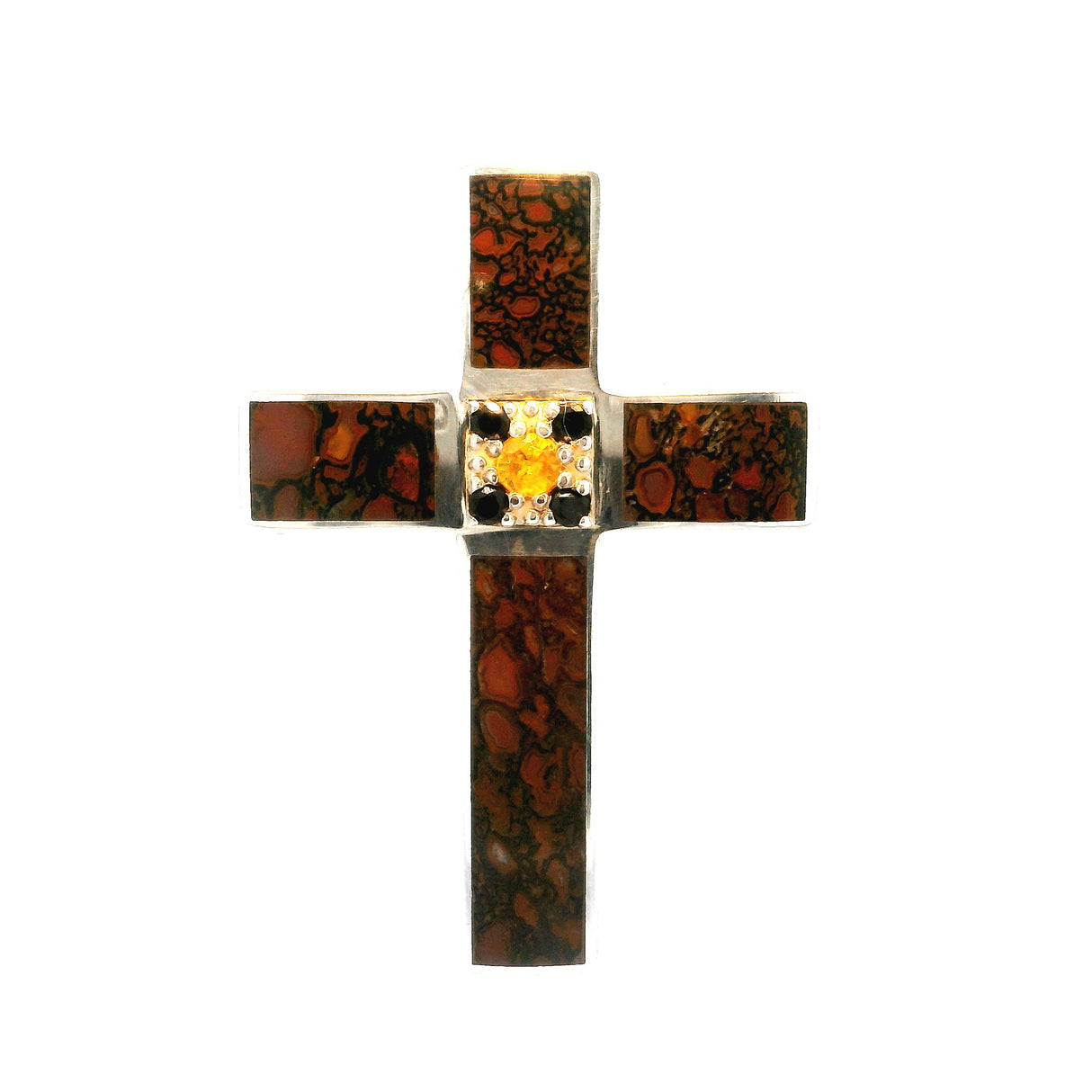 Dinosaur Bone Fossil Cross Pendant With Black And Yellow Sapphires In Center
