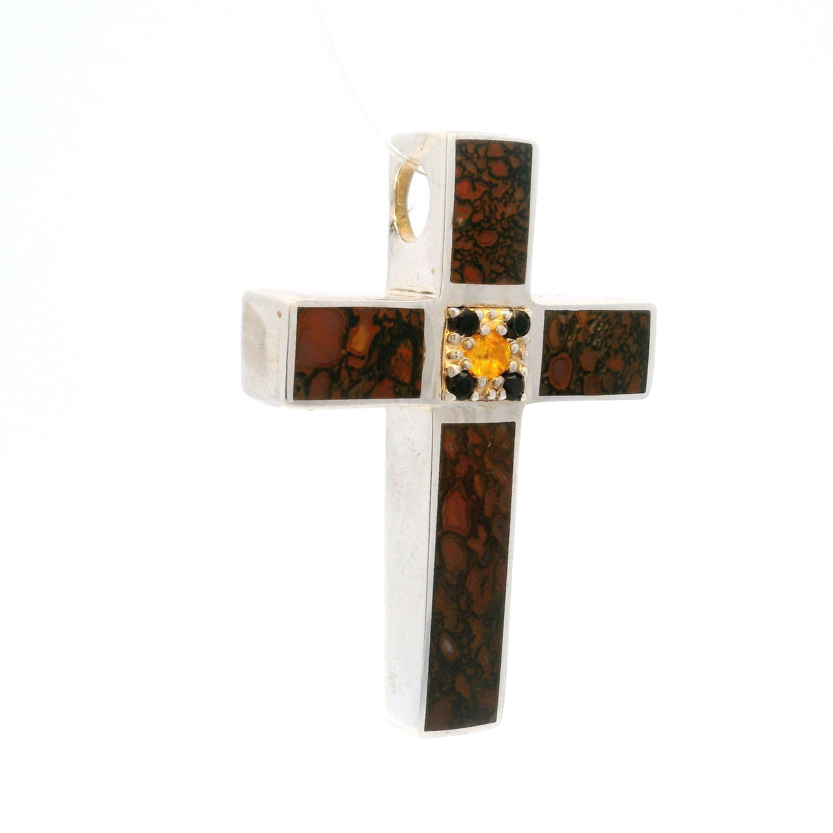 Dinosaur Bone Fossil Cross Pendant With Black And Yellow Sapphires In Center
