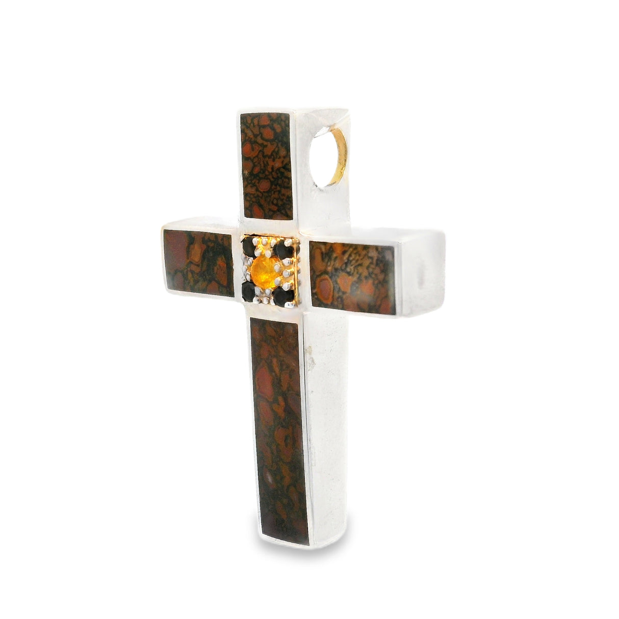 Dinosaur Bone Fossil Cross Pendant With Black And Yellow Sapphires In Center