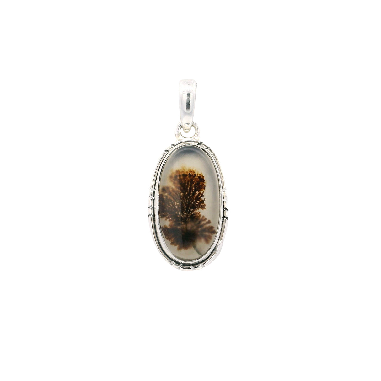 Dendritic Agate Pendant Oval Raised Bezel Set on Detail Silver Bezel