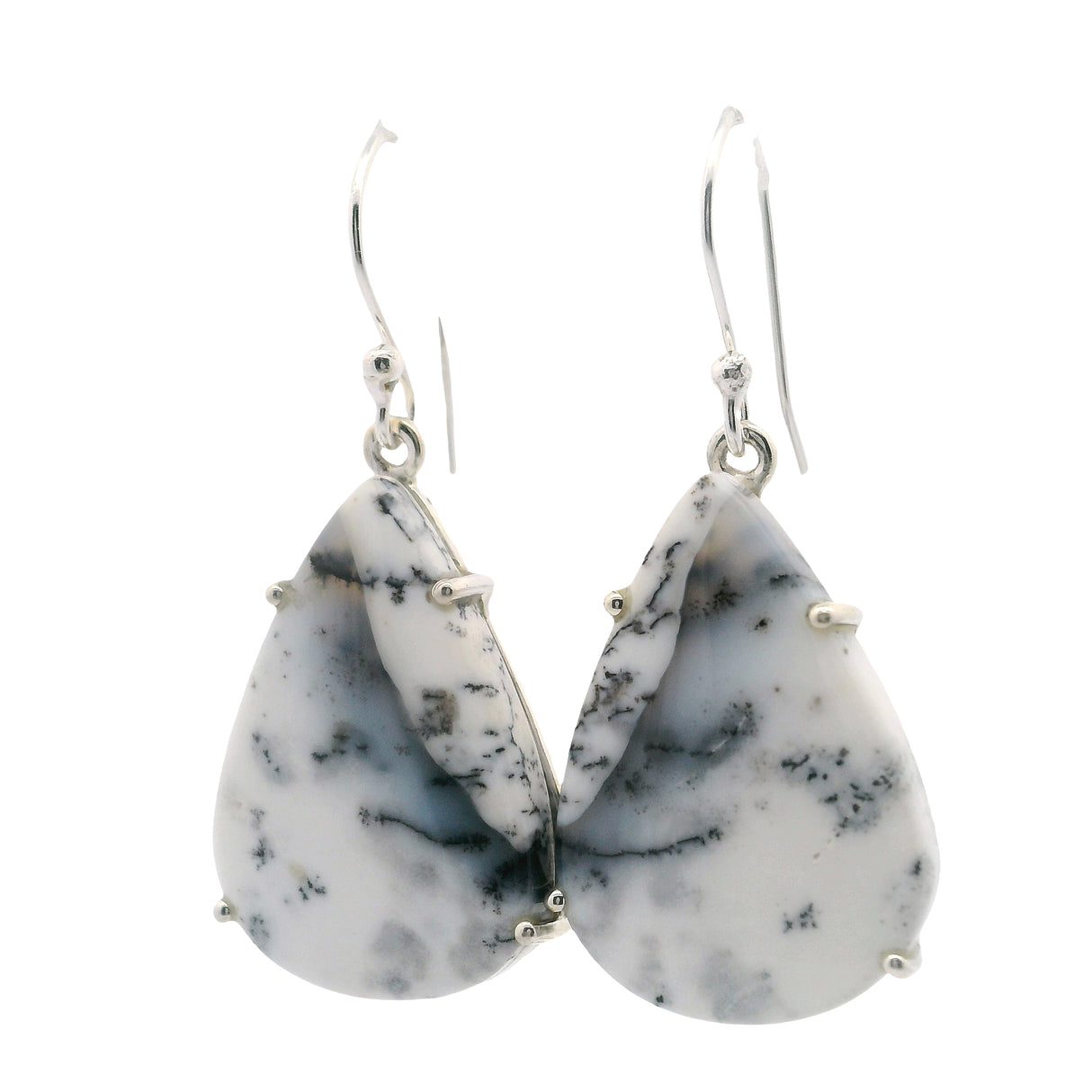 Dendritic Opal Dangle Earrings - Pear Prong Set with Classic Branch
