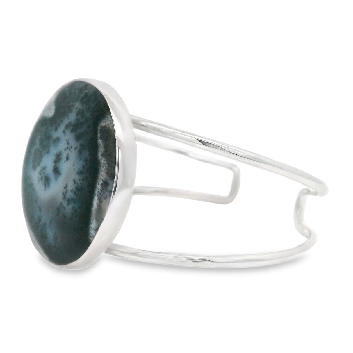 Dendritic Opal Cabochon Classic Double Row Silver Cuff - Simple Bezel Set - Round