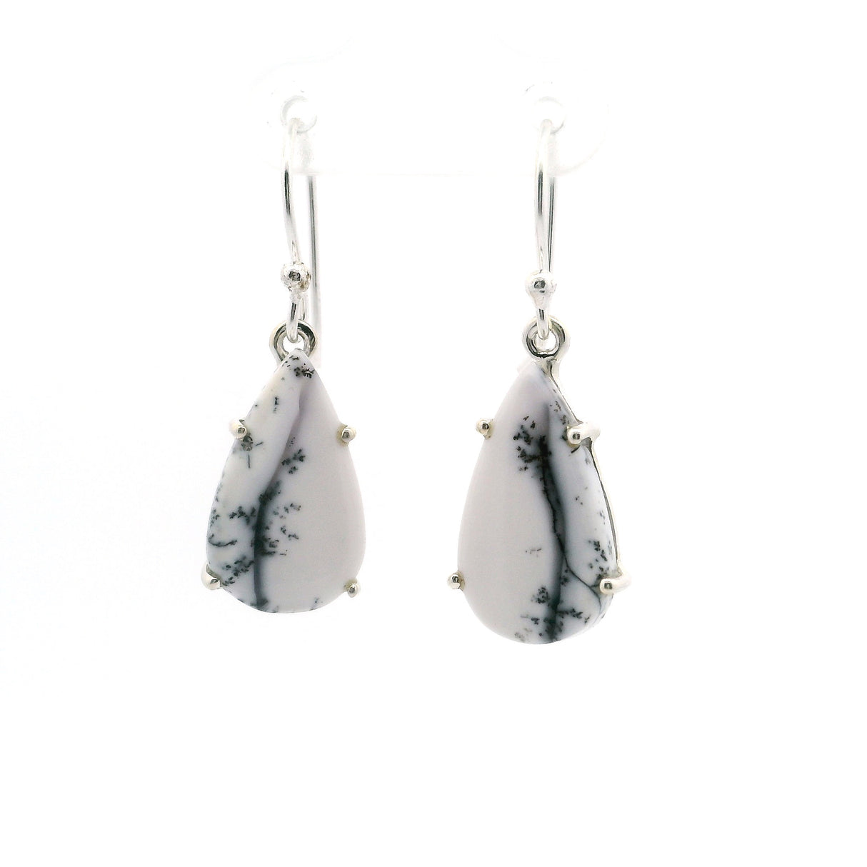 Dendritic Opal Dangle Earrings - Pear Prong Set with Vertical Pattern