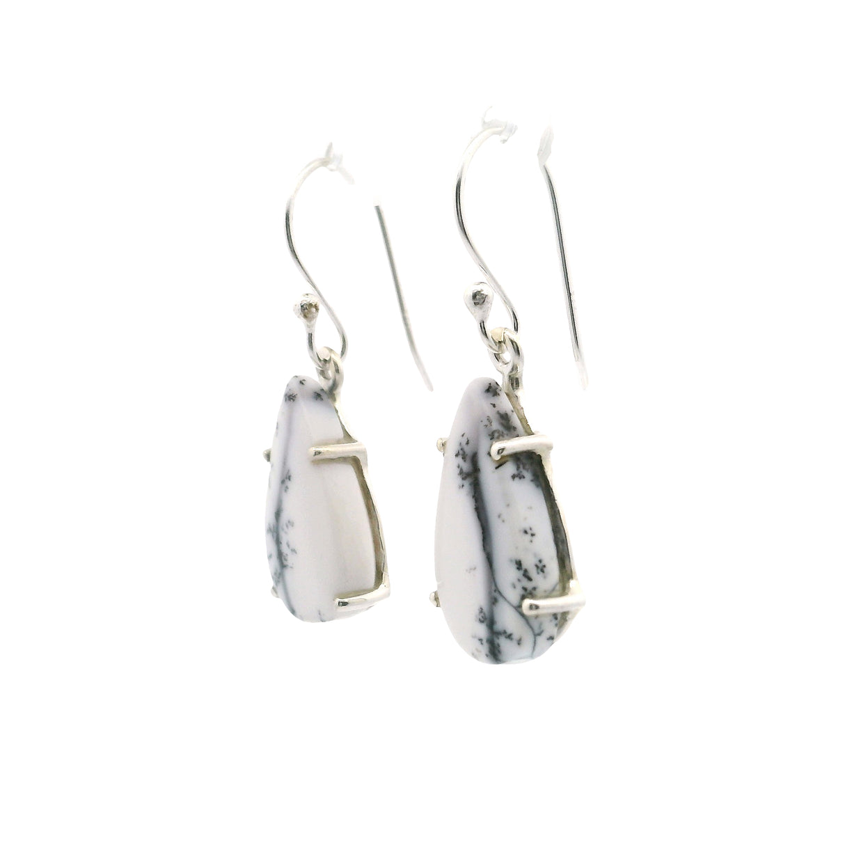 Dendritic Opal Dangle Earrings - Pear Prong Set with Vertical Pattern