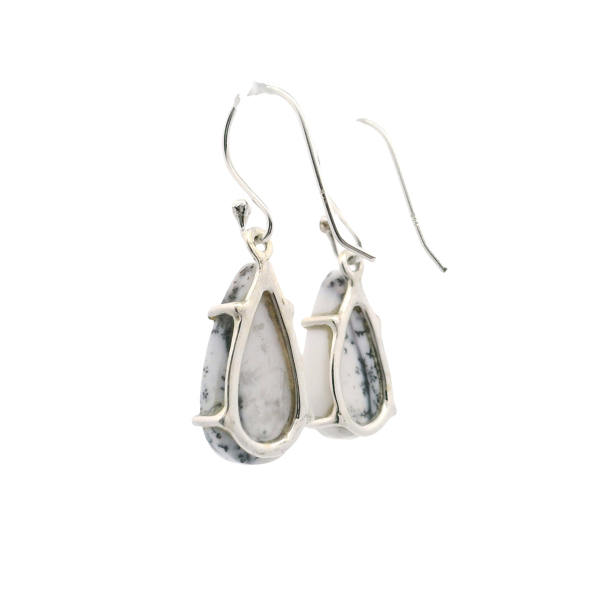 Dendritic Opal Dangle Earrings - Pear Prong Set with Vertical Pattern