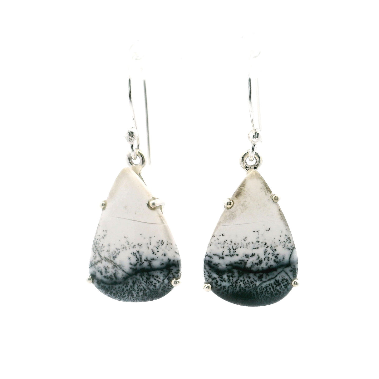 Dendritic Opal Dangle Earrings - Pear Prong Set with Lower Dendrites