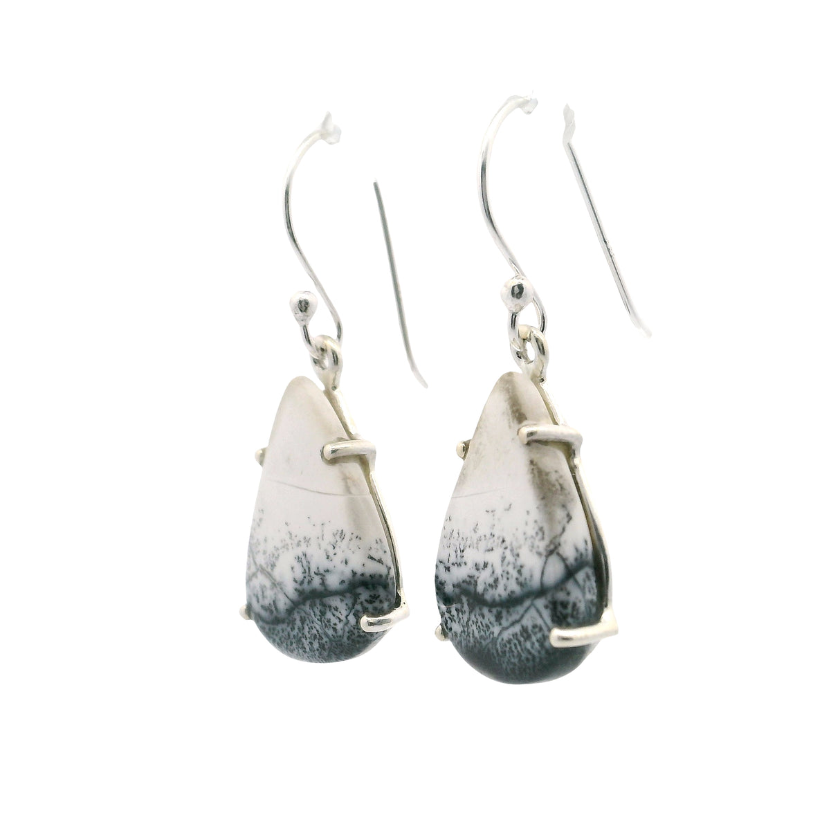 Dendritic Opal Dangle Earrings - Pear Prong Set with Lower Dendrites