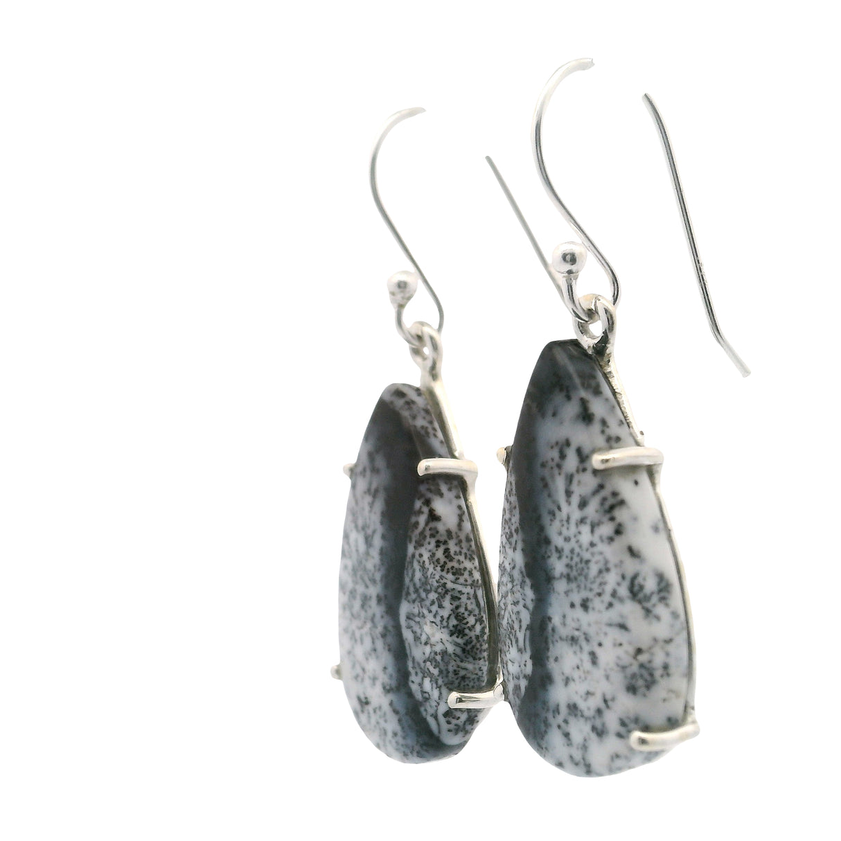 Dendritic Opal Dangle Earrings - Pear Prong Set with Black Vein