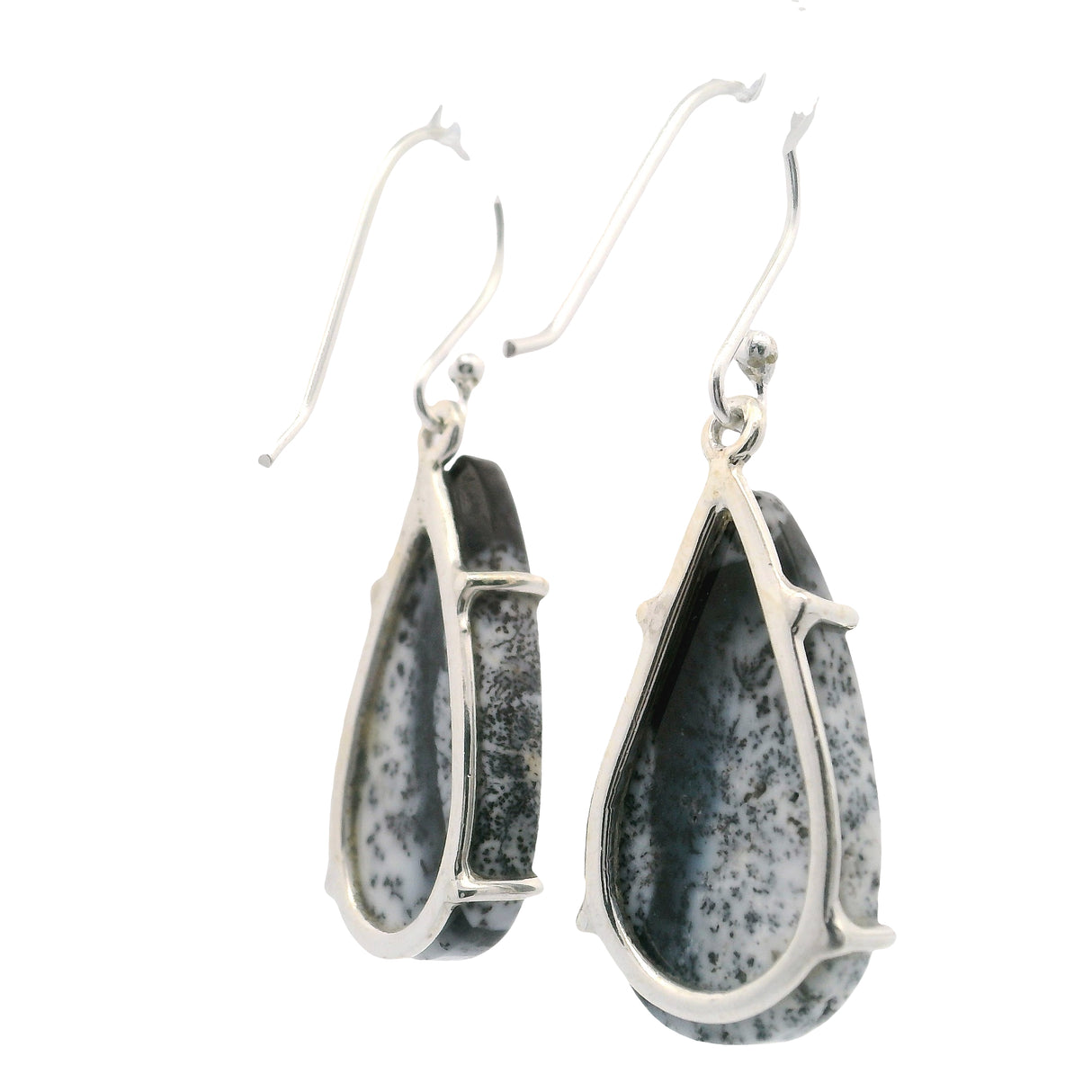 Dendritic Opal Dangle Earrings - Pear Prong Set with Black Vein