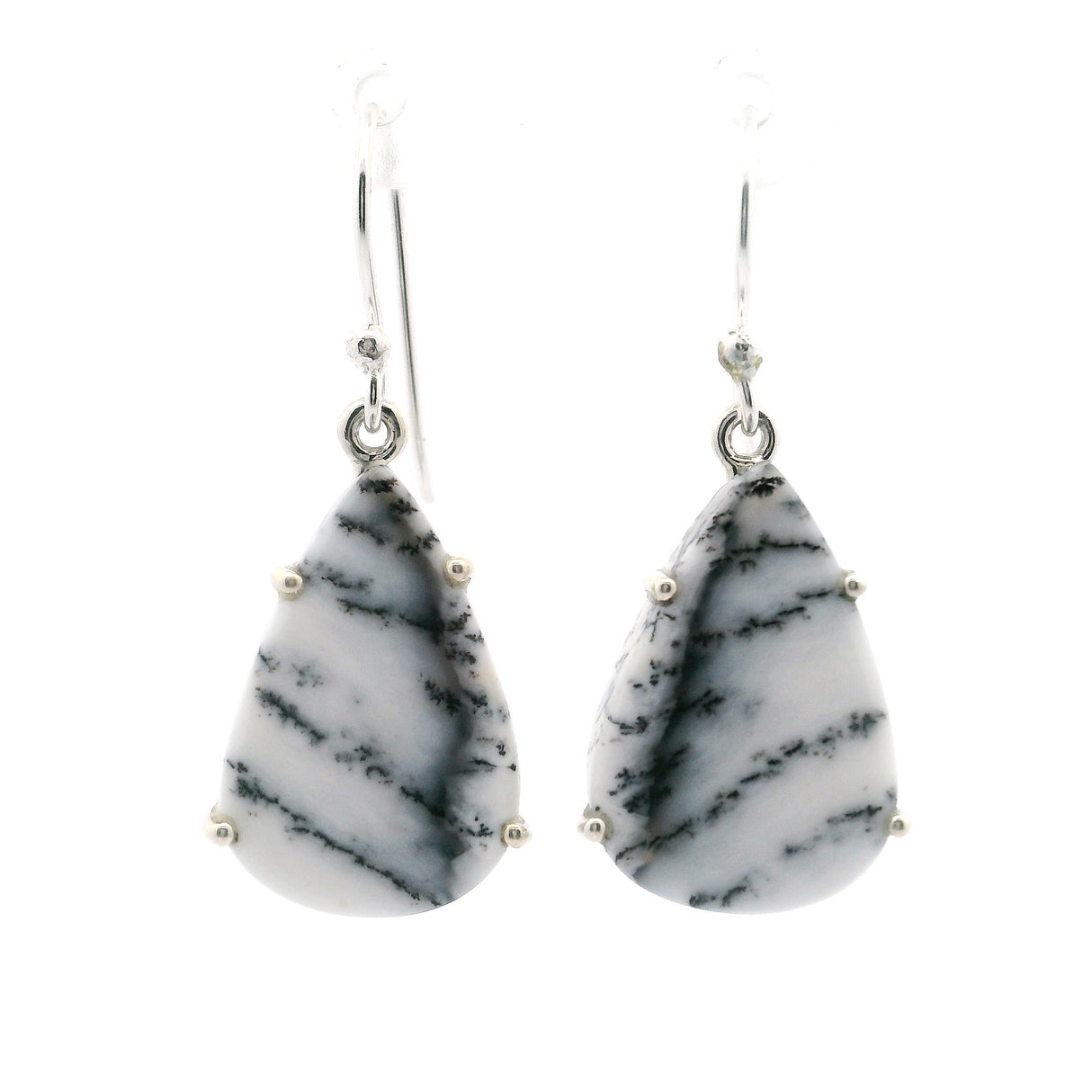 Dendritic Opal Dangle Earrings - Pear Prong Set Branch Patterns
