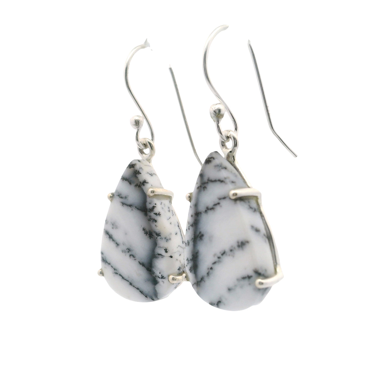 Dendritic Opal Dangle Earrings - Pear Prong Set Branch Patterns