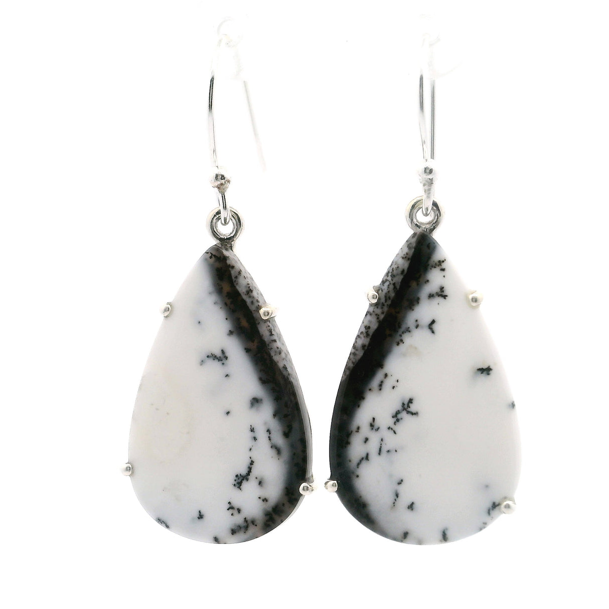 Dendritic Opal Dangle Earrings - Pear Prong Set with Black Edge
