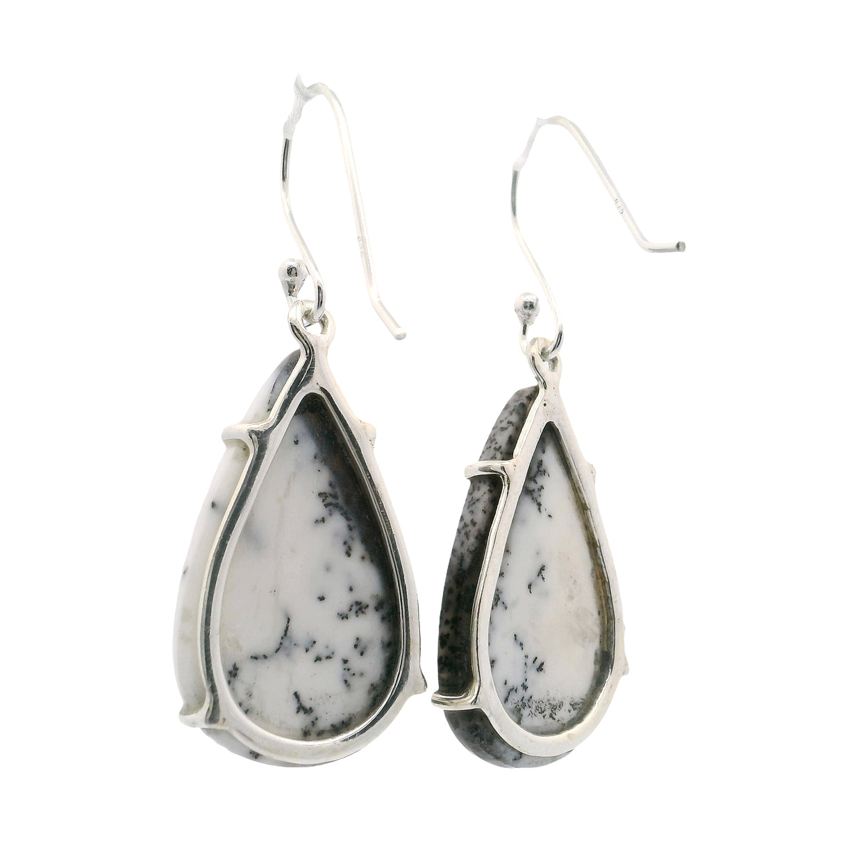 Dendritic Opal Dangle Earrings - Pear Prong Set with Black Edge