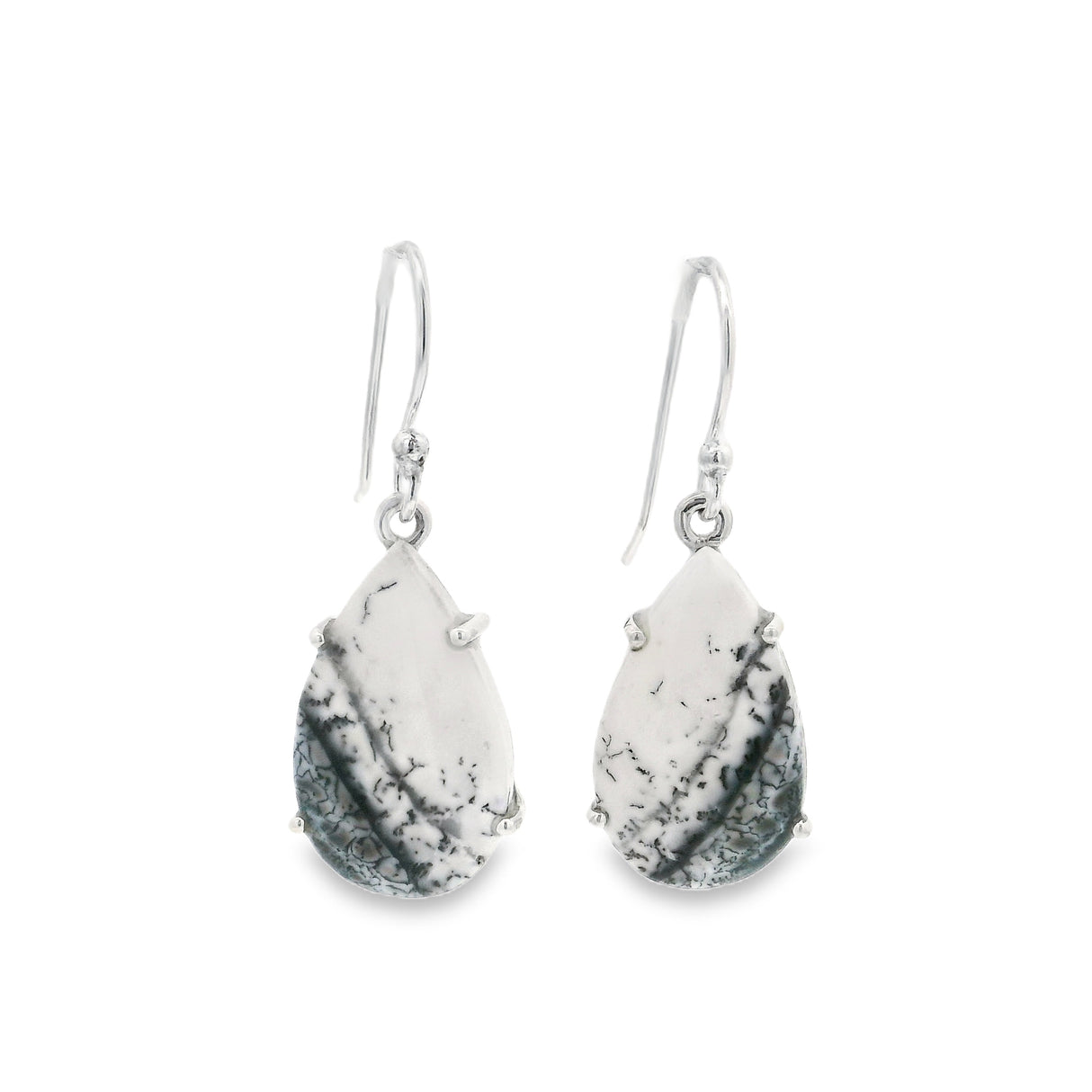 Prong Set Dendritic Opal Cabochon Dangle Earrings on French Wires