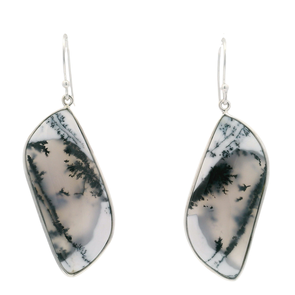 Dendritic Opal Dangle Earrings - Flat Cabochon With Simple Silver Bezel