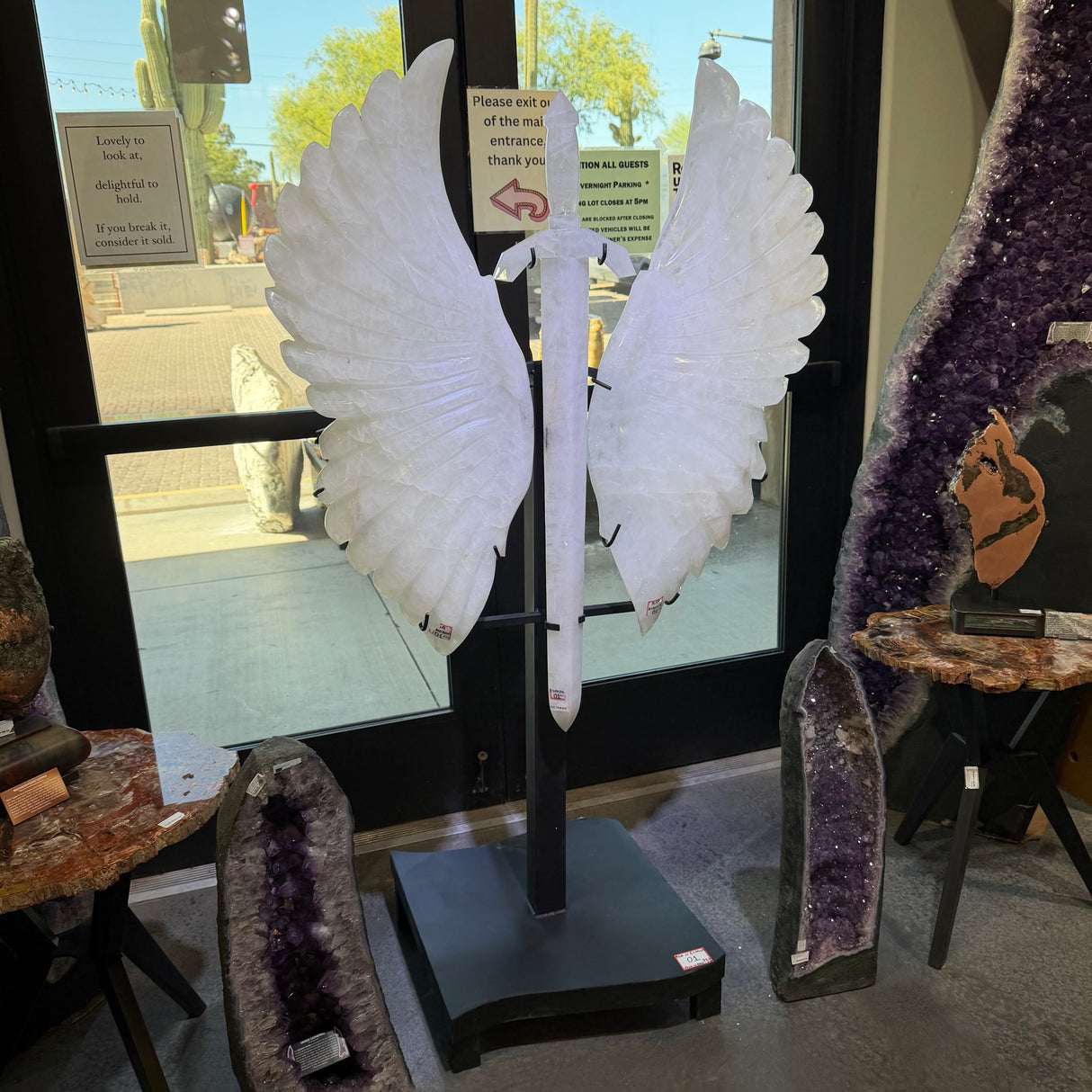White Quartz Warrior Sword & Angel Wings Carving in Fitted Stand