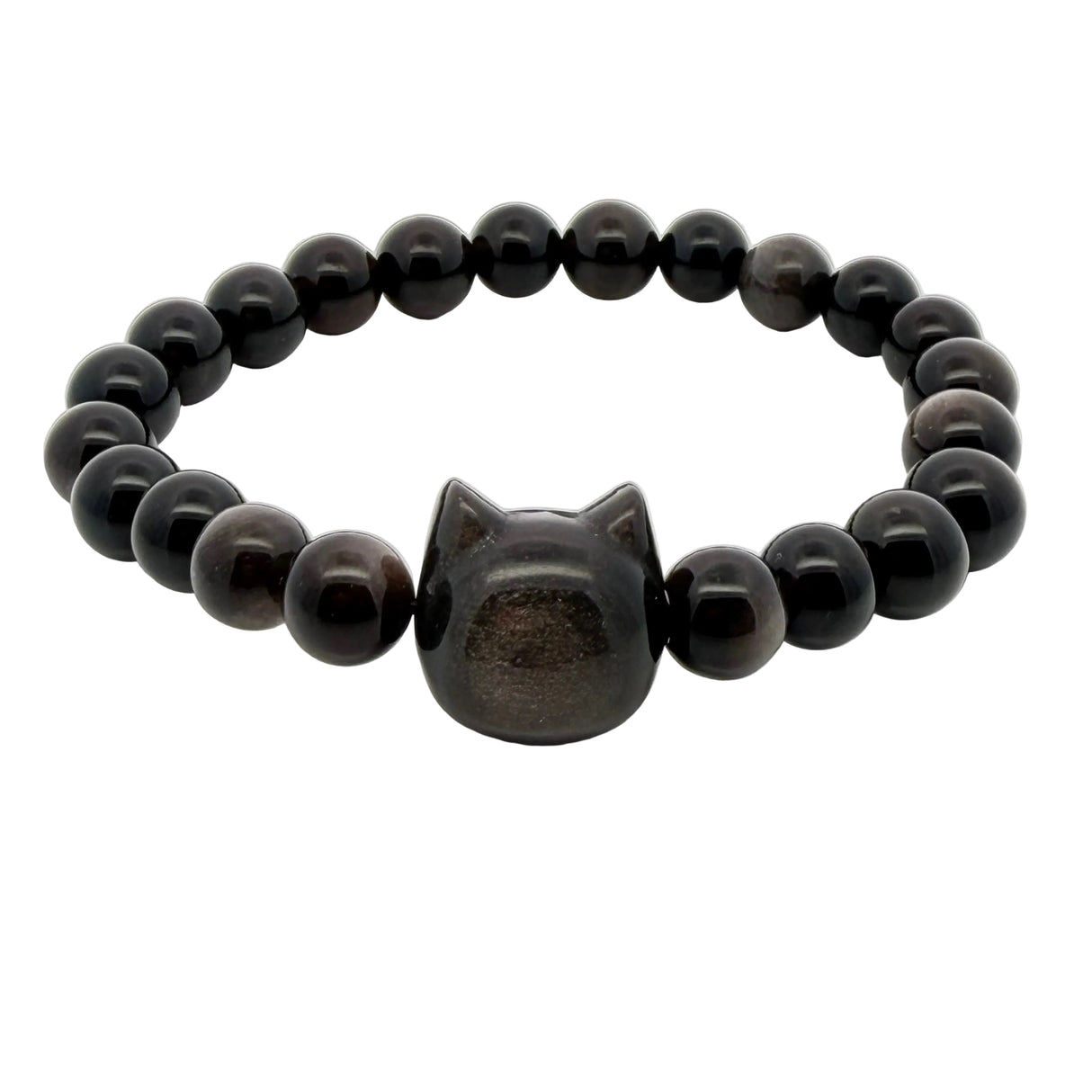 Bracelet perlé avec tête de chat sculptée et perles rondes de 8 mm avec entretoises dorées