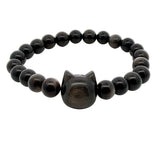 Bracelet perlé avec tête de chat sculptée et perles rondes de 8 mm avec entretoises dorées