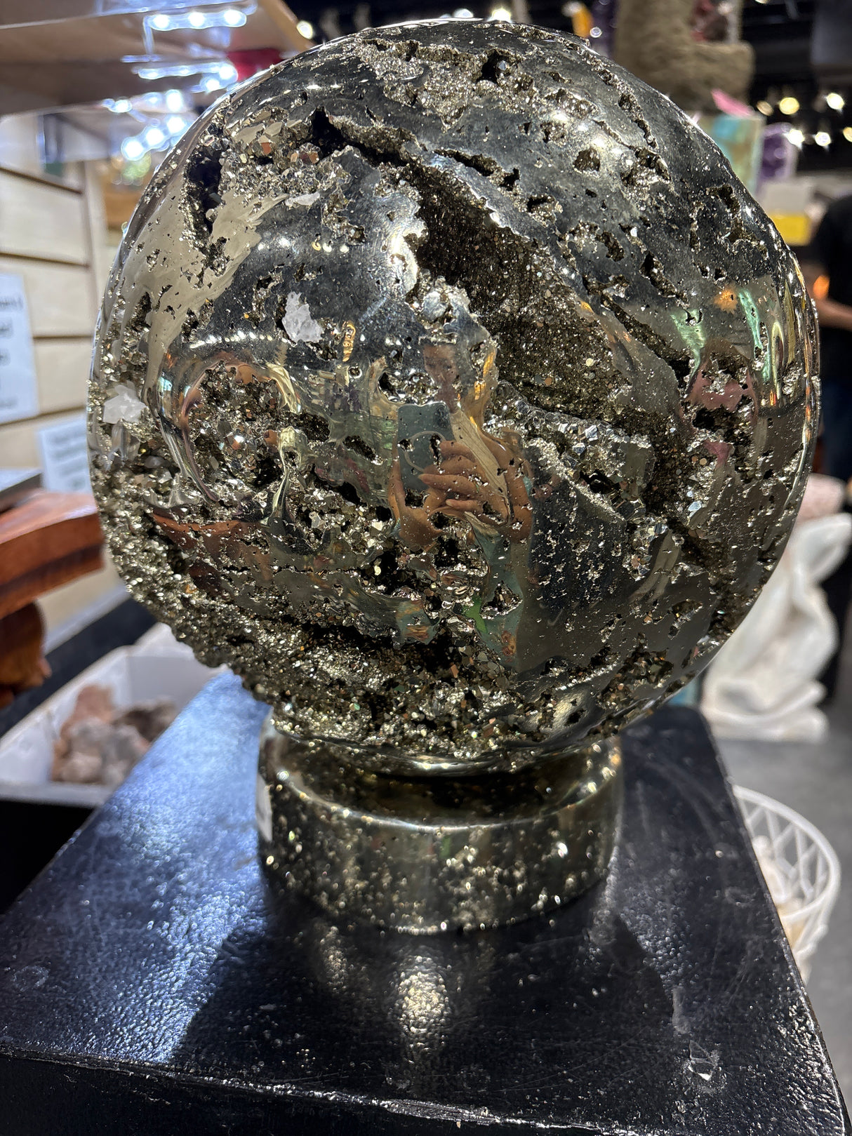 "Death Starr" Peruvian Pyrite Sphere with Accompanying Pyrite Stand