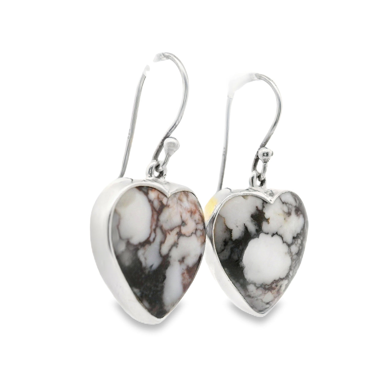 Howlite (Wild Horse) Dangle Earrings - Heart Cabochon with Simple 925 Sterling Silver Bezel