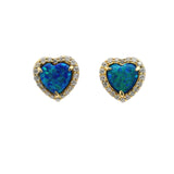Blue opal heart stud earrings, gold plated with bezel-set white CZ halo