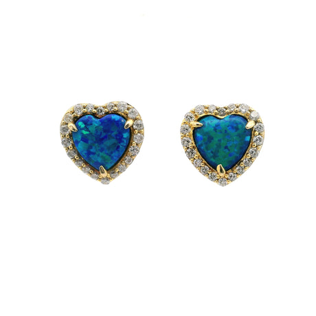 Blue opal heart stud earrings, gold plated with bezel-set white CZ halo