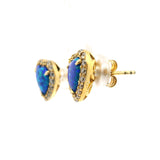 Blue opal heart studs, angled view showing gold settings, CZ halo and posts