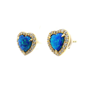 Blue opal heart stud earrings with white CZ halo, front angled pair