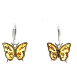 Honey Cameo Amber Butterfly Dangle Earrings with Carved Leaf Design Bezel Set in 925 Sterling Silver